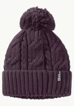 Pompom Beanie. Winddichte Strickmütze midnight plum